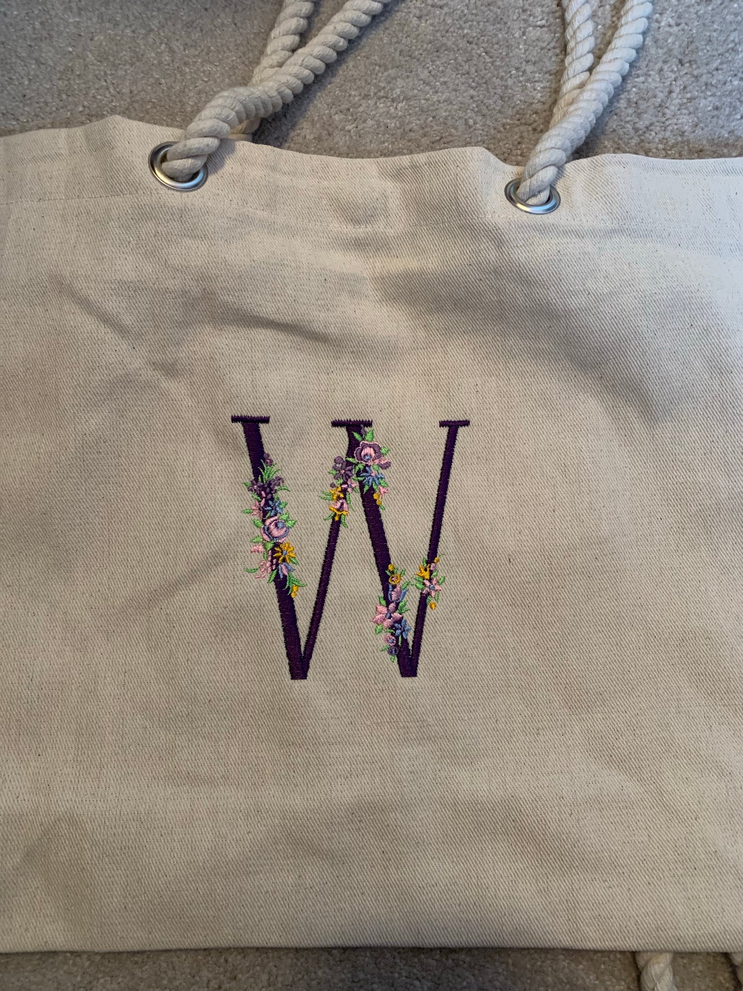 Floral initial rope tote