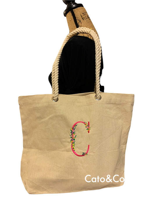 Floral initial rope tote